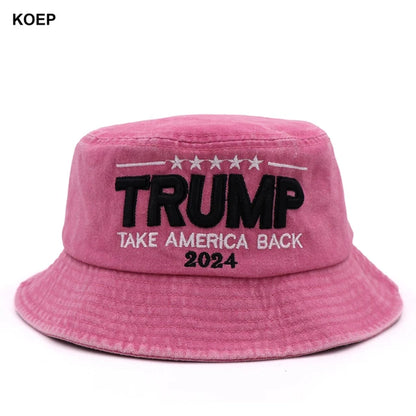 New MAGA Washed Bucket Hat Trump 2024 Flag Cap Take America Back Donald Trump Unisex Cotton Outdoor Sun Hat