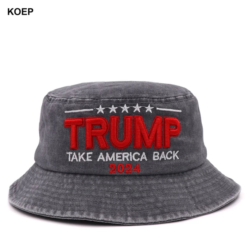 New MAGA Washed Bucket Hat Trump 2024 Flag Cap Take America Back Donald Trump Unisex Cotton Outdoor Sun Hat