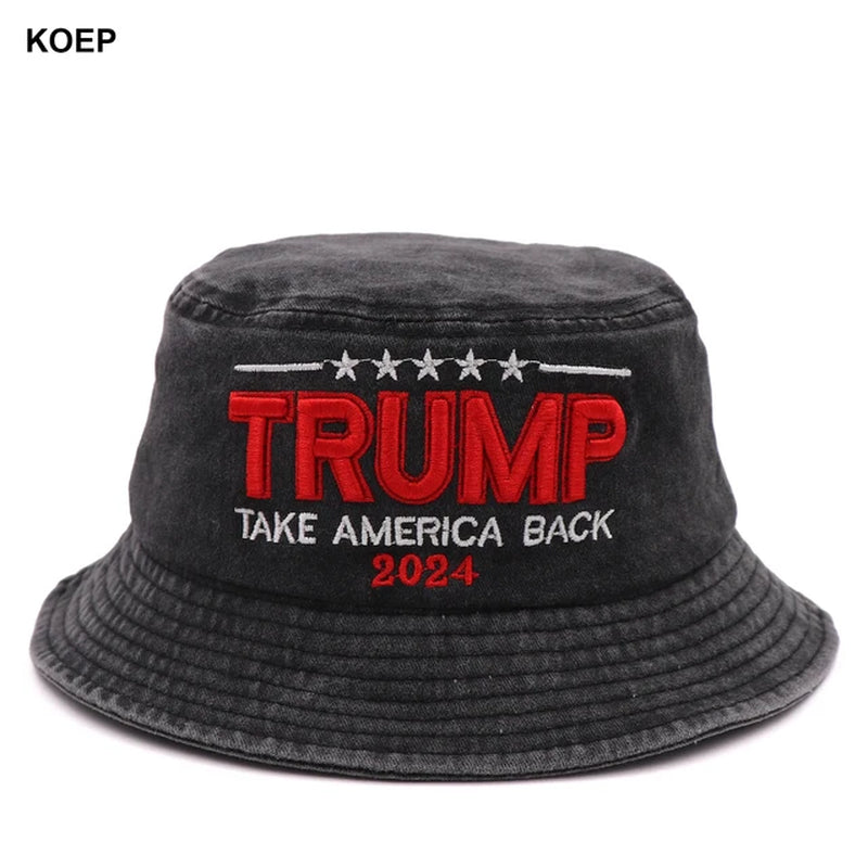 New MAGA Washed Bucket Hat Trump 2024 Flag Cap Take America Back Donald Trump Unisex Cotton Outdoor Sun Hat