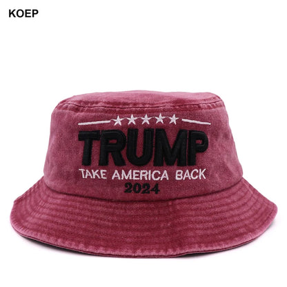 New MAGA Washed Bucket Hat Trump 2024 Flag Cap Take America Back Donald Trump Unisex Cotton Outdoor Sun Hat